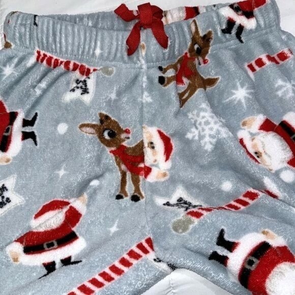Rudolph Red-Nosed Reindeer Gray Fleece Pajama Pants Santa & Reindeer Print M - Picture 5 of 7